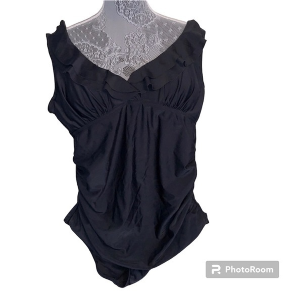 Ruffled black one piece swimsuit.‎  Shirred waist.  Size Large. EUC